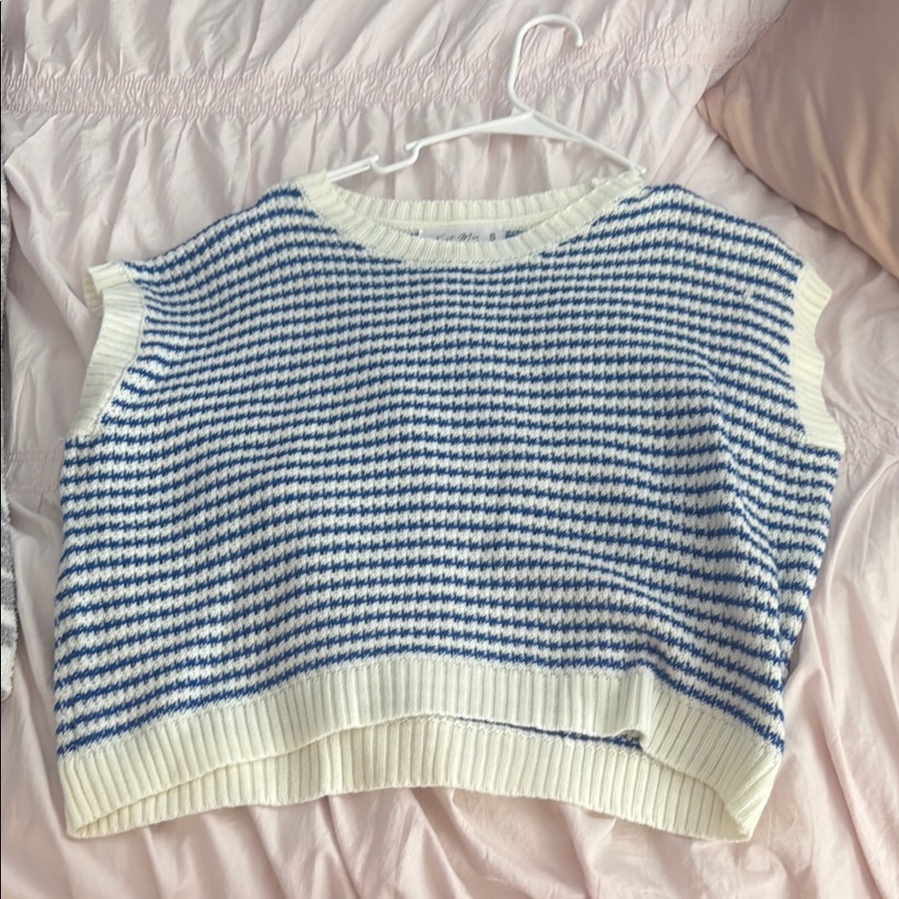Blue and White Striped Sleeveless Sweater